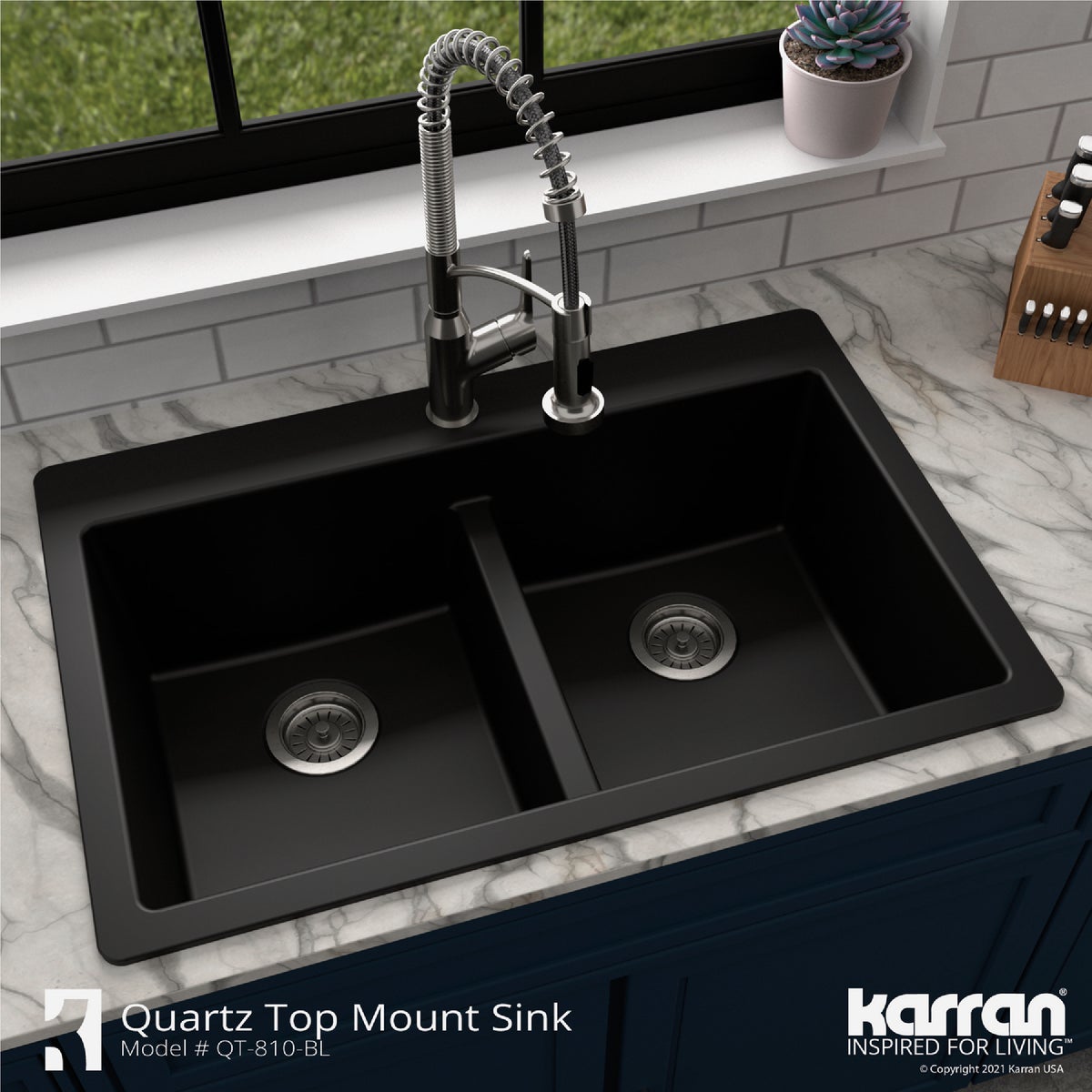 Karran 33 In. x 22 In. Black Quartz Drop-In Double Bowl Kitchen Sink Image 2