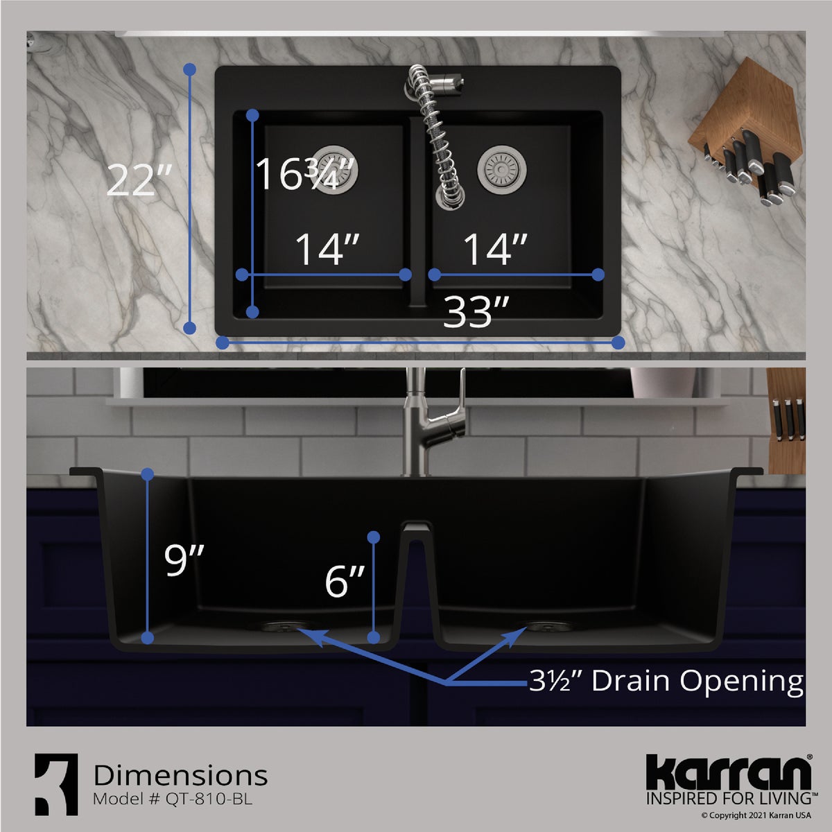 Karran 33 In. x 22 In. Black Quartz Drop-In Double Bowl Kitchen Sink Image 4