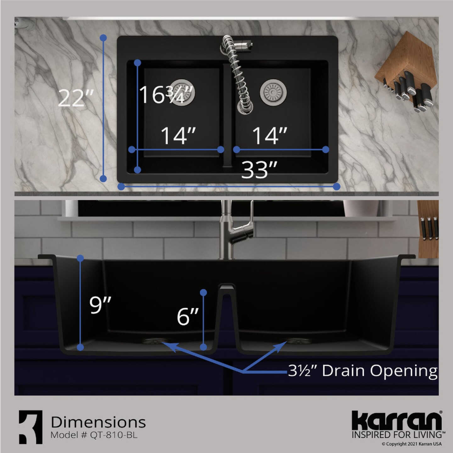 Karran 33 In. x 22 In. Black Quartz Drop-In Double Bowl Kitchen Sink Image 4