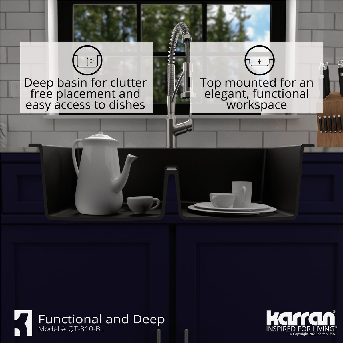 Karran 33 In. x 22 In. Black Quartz Drop-In Double Bowl Kitchen Sink Image 5