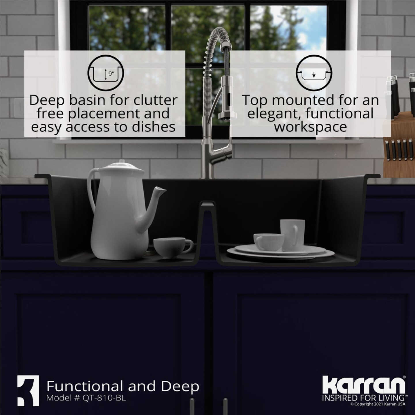 Karran 33 In. x 22 In. Black Quartz Drop-In Double Bowl Kitchen Sink Image 5