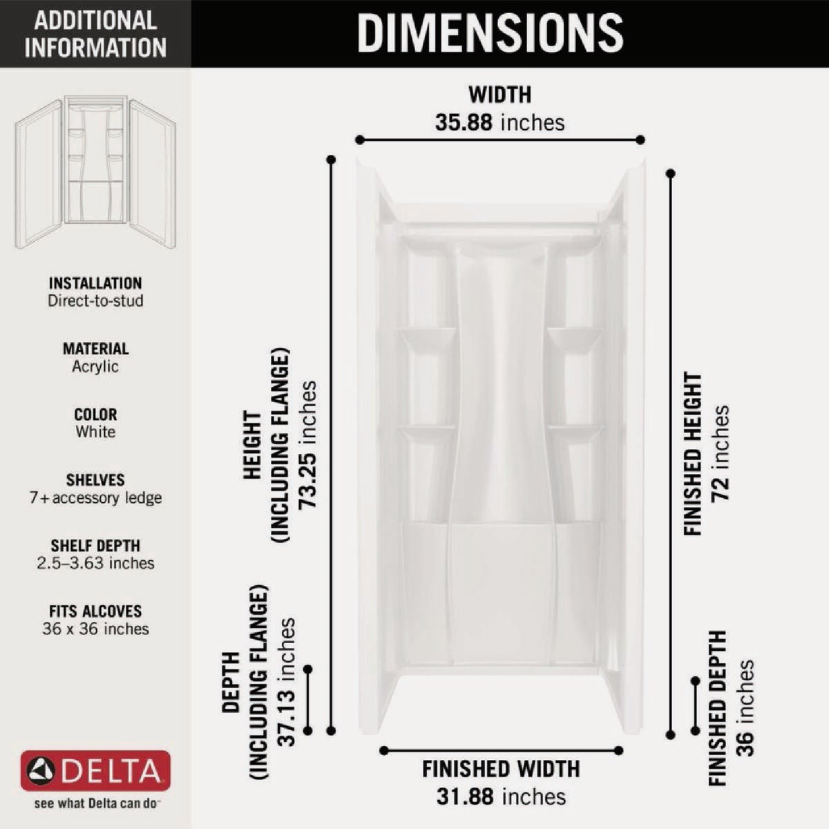 Delta Classic 500 36 In. x 73.25 In. x 36 In. Alcove Shower Wall, White (3-Piece) Image 3