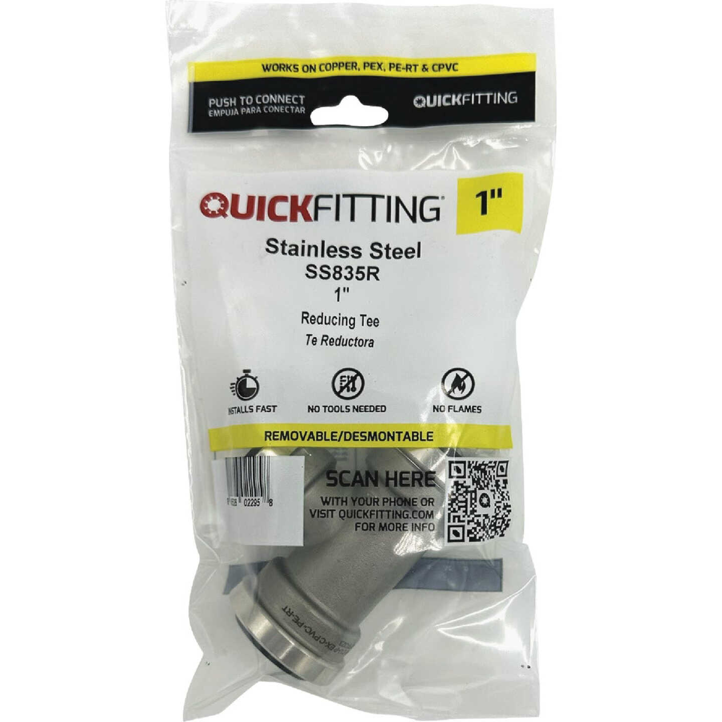 QuickFitting 1 In. x 1 In. x 3/4 In. Push-to-Connect Stainless Steel Reducing Tee Image 3