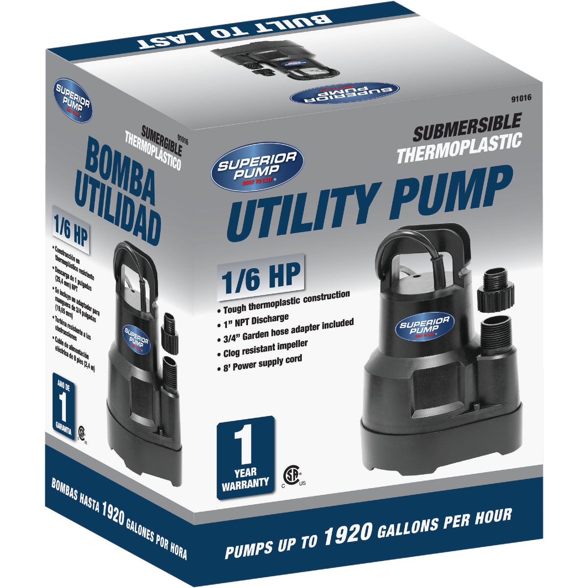 Superior Pump 1/6 HP 1920 GPH Oil-Free Submersible Utility Pump Image 3