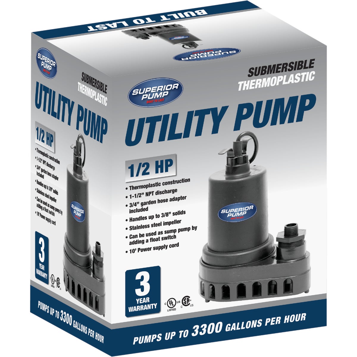 Superior Pump 1/2 HP 3300 GPH Thermoplastic Submersible Utility Pump Image 3