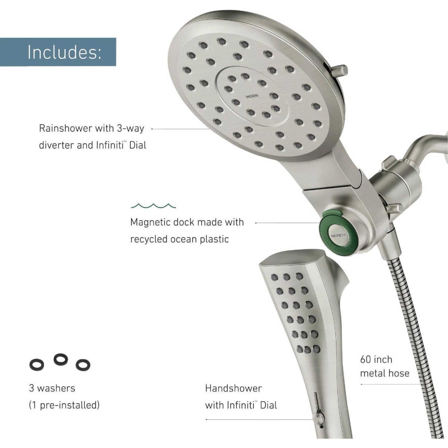 Moen Verso 8-Spray 1.75 GPM Combo Handheld Shower Head with Infiniti Dial, Spot Resist Brushed Nickel Image 2