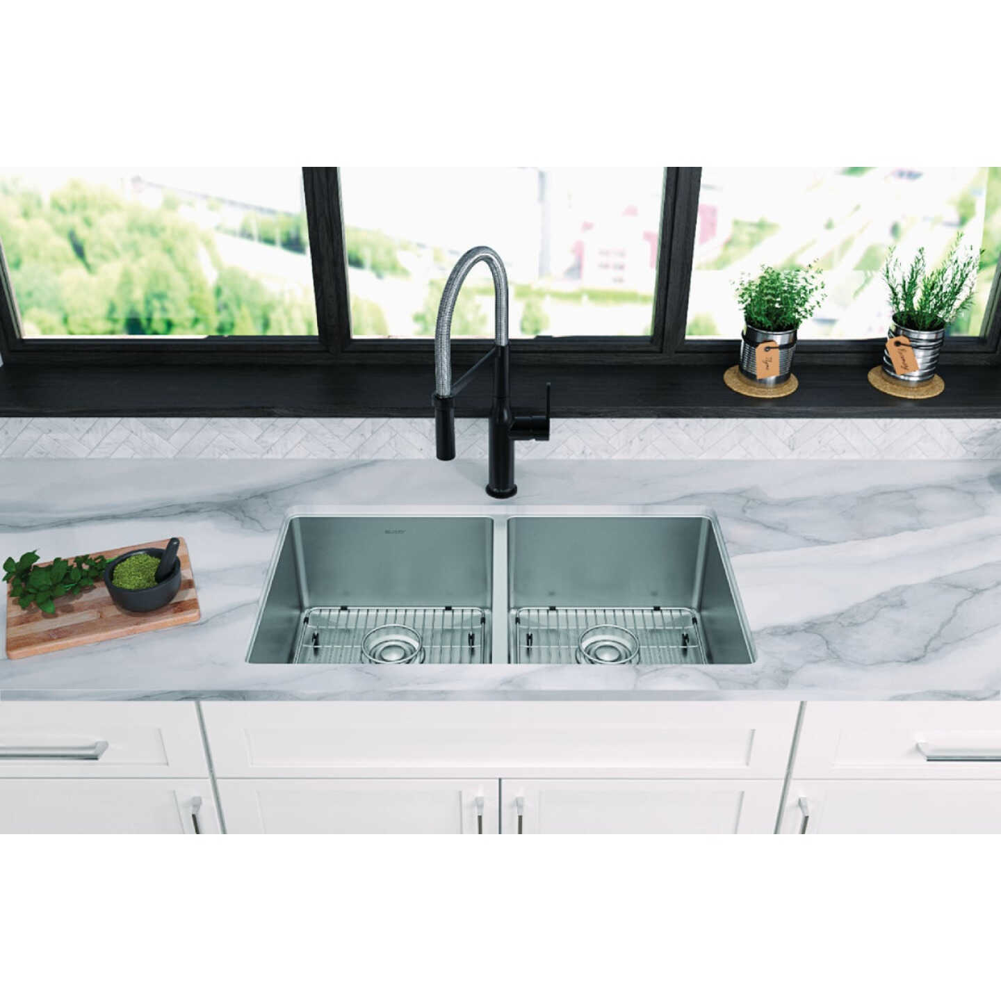 Elkay Crosstown 18 Ga. Stainless Steel 33 In. x 22 In. x 9 In. Equal Double Bowl Dual Mount Kitchen Sink Kit Image 2