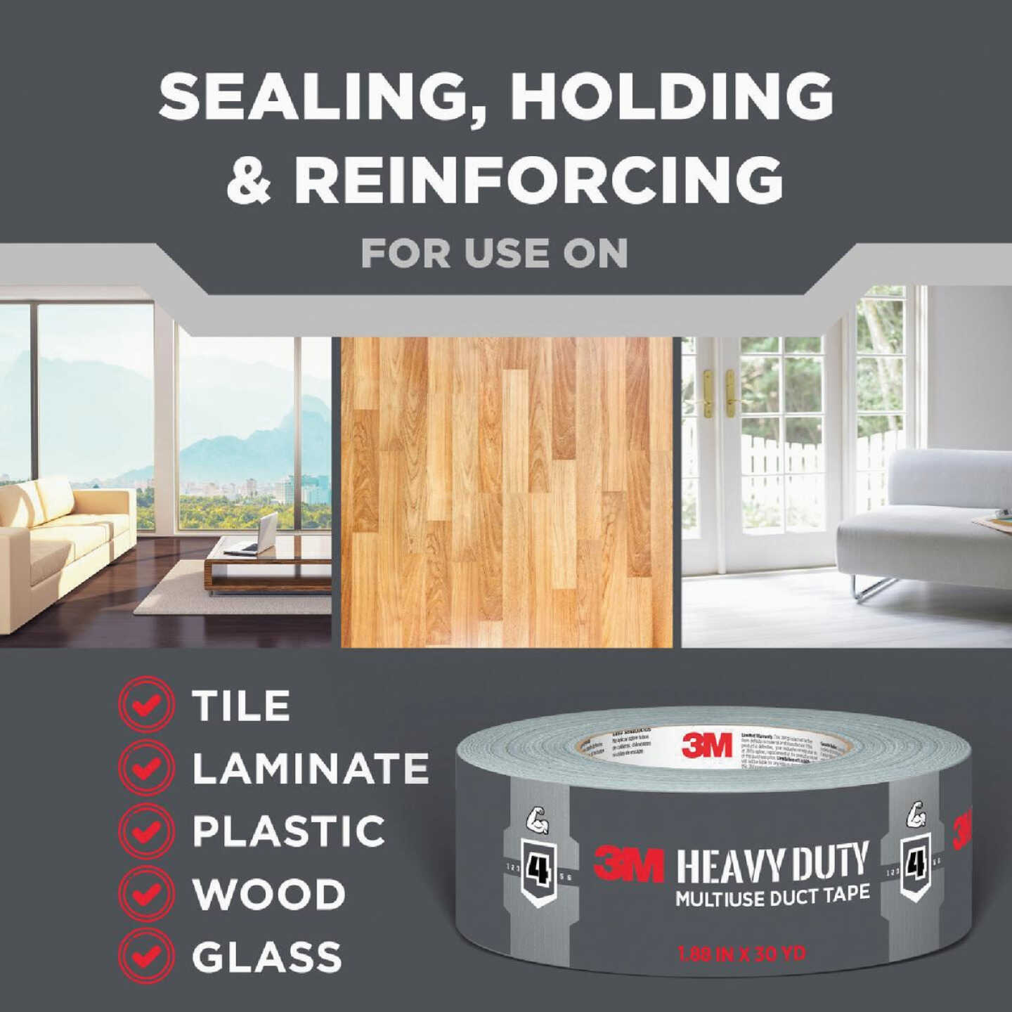 3M 1.88 In. x 45 Yd. Heavy Duty Duct Tape, Gray Image 4