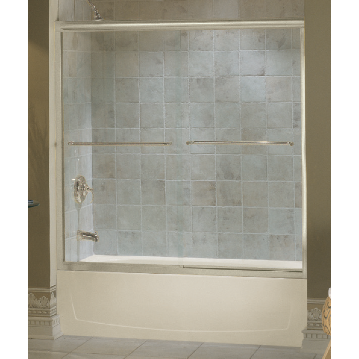 Sterling Finesse 59-5/8 In. W X 55-3/4 In. H Nickel Semi-Frameless Clear Glass Sliding Tub Door