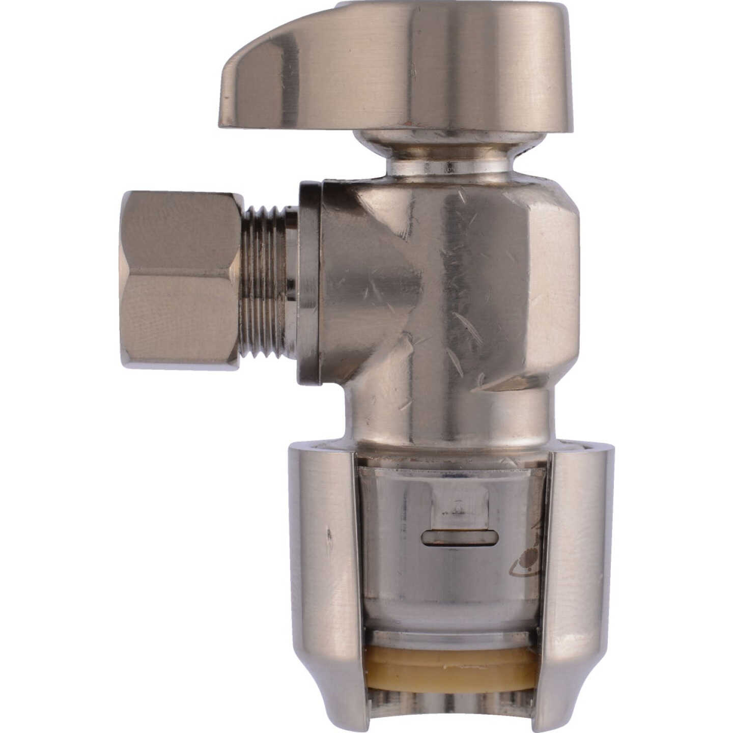 SharkBite 1/2 In. Push-to-Connect x 3/8 in. OD Compression Brushed Nickel Finish Brass Quarter Turn Angle Valve Image 8