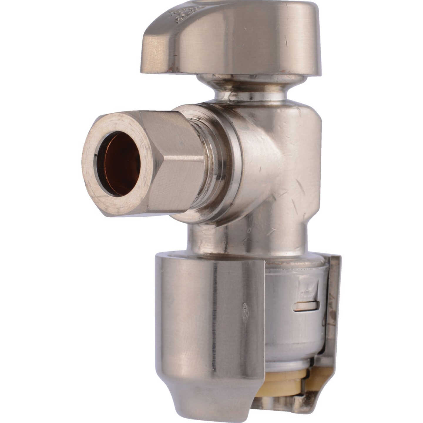 SharkBite 1/2 In. Push-to-Connect x 3/8 in. OD Compression Brushed Nickel Finish Brass Quarter Turn Angle Valve Image 1