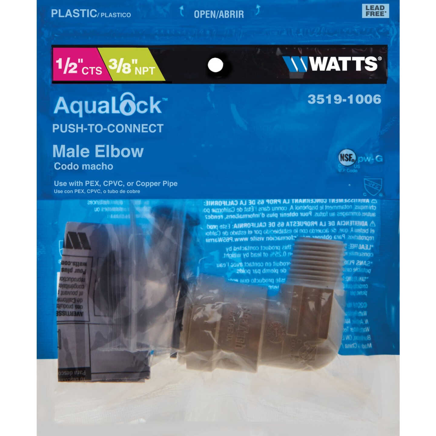 Watts 1/2 In. CTS x 3/8 In. MPT 90 Deg. Quick Connect Plastic Elbow (1/4 Bend) Image 2