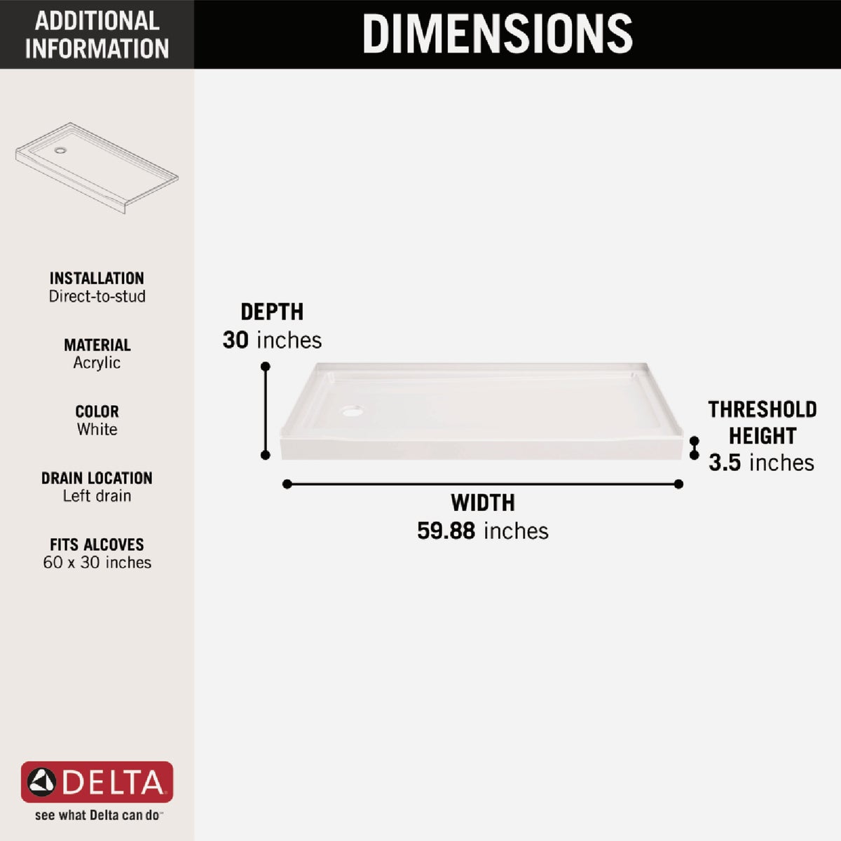 Delta Classic 500 60 In. x 30 In. Left Drain Shower Pan, White Image 3