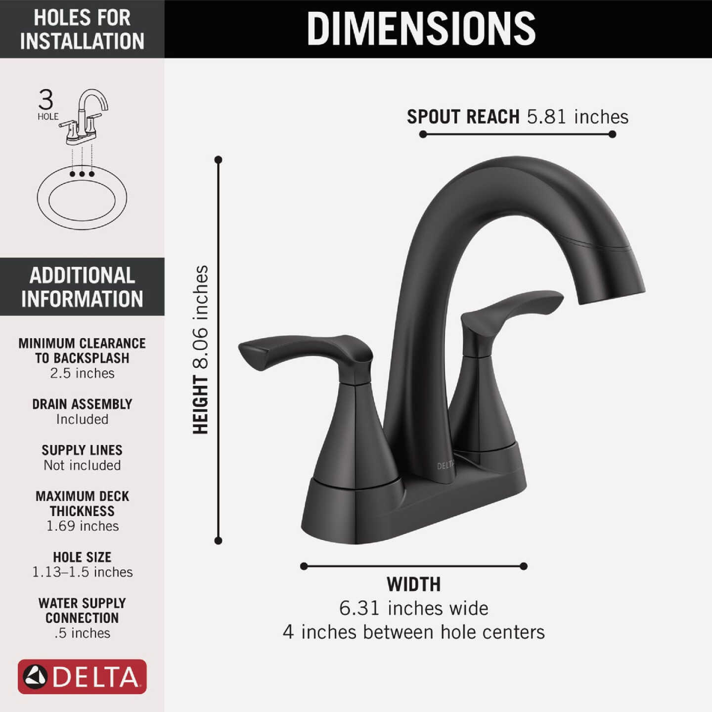 Delta Sandover Matte Black 2-Handle Centerset Pull-Down Bathroom Faucet Image 2