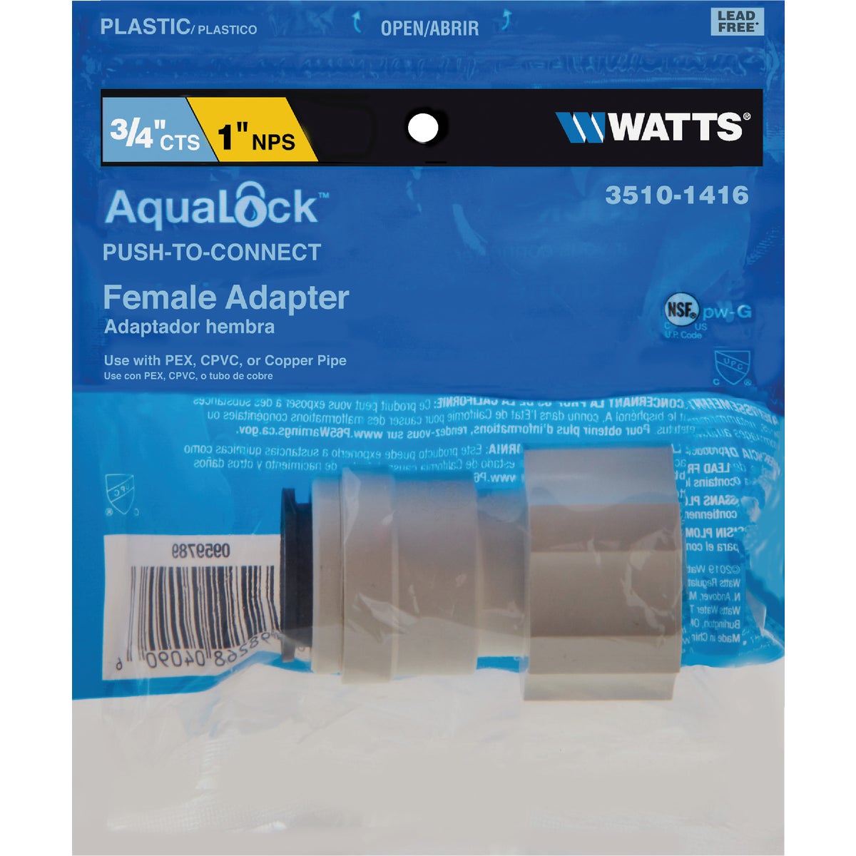 Watts Aqualock 3/4 In. CTS x 1 In. FPT Push-to-Connect Plastic Adapter Image 2