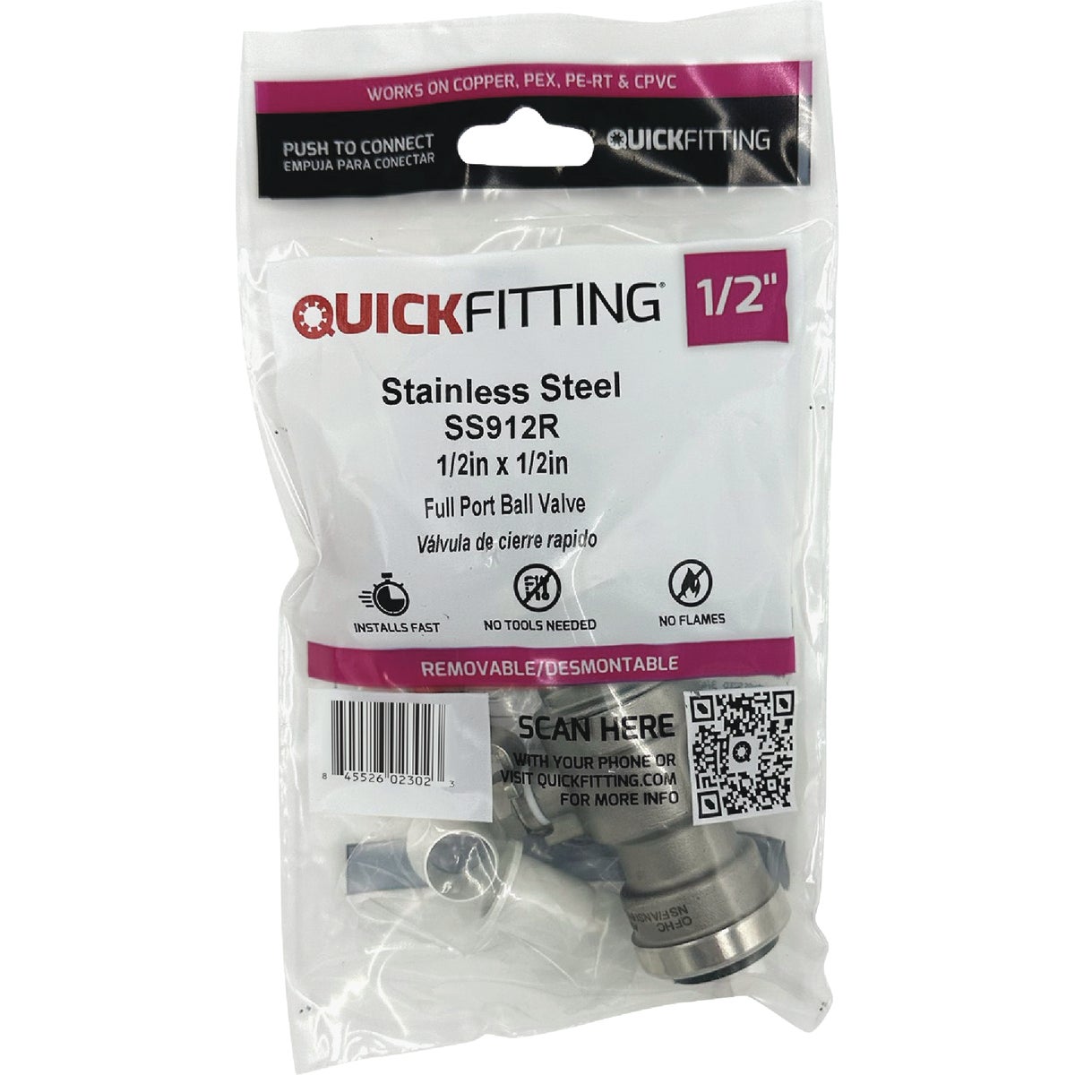 QuickFitting 1/2 In. Push-to-Connect Stainless Steel Full Port Ball Valve Image 3