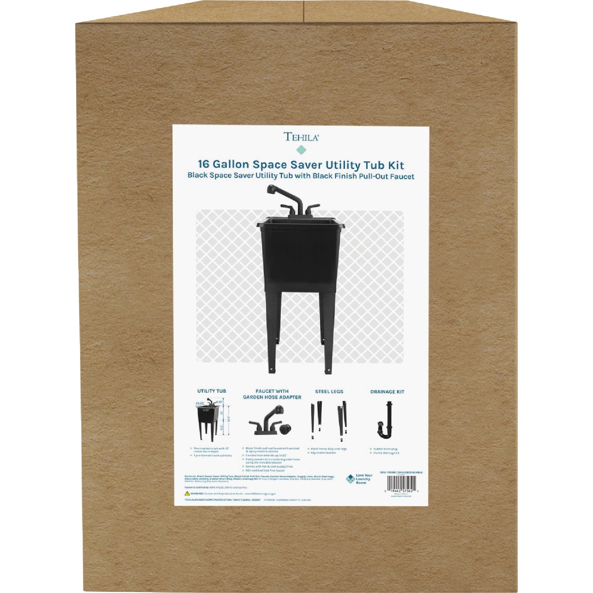 Tehila 16 Gal. Black Narrow Utility Tub Kit Image 3