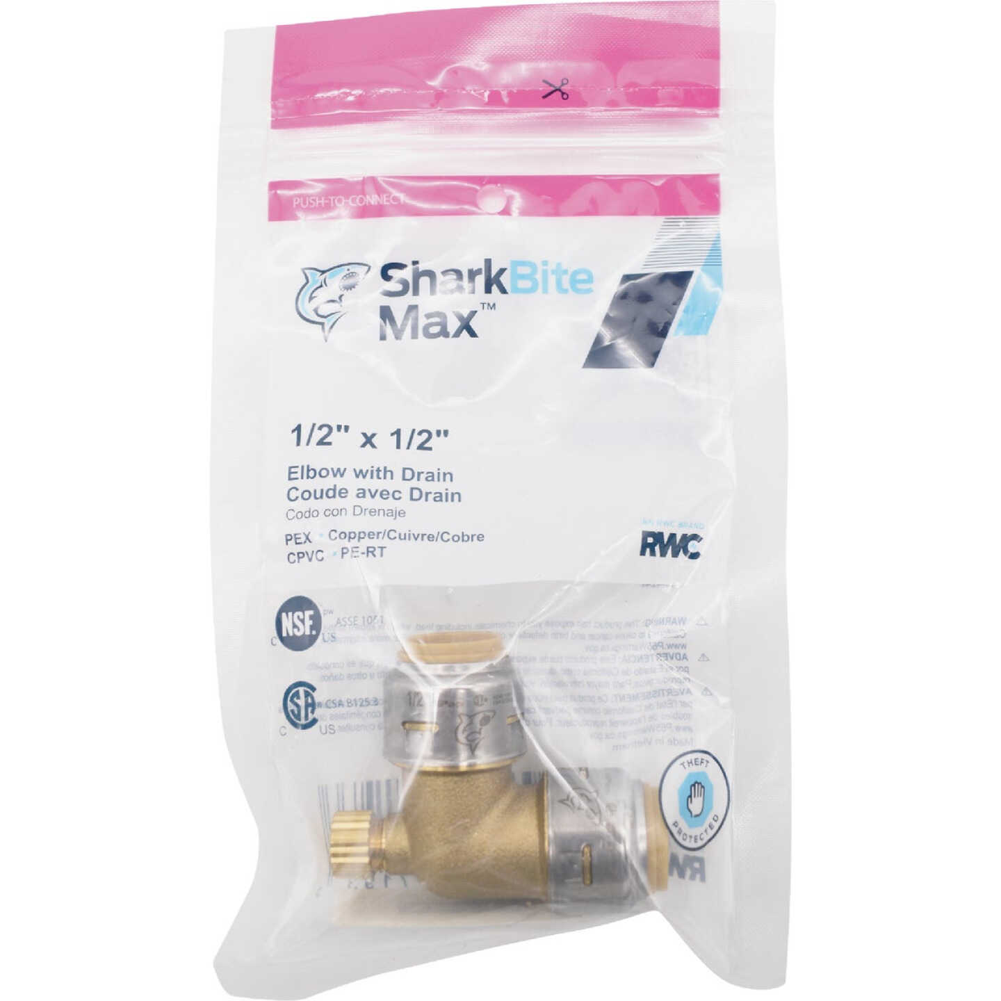 SharkBite 1/2 In x 1/2 In. 90 Deg. Push-to-Connect Brass Elbow with Drain Image 3