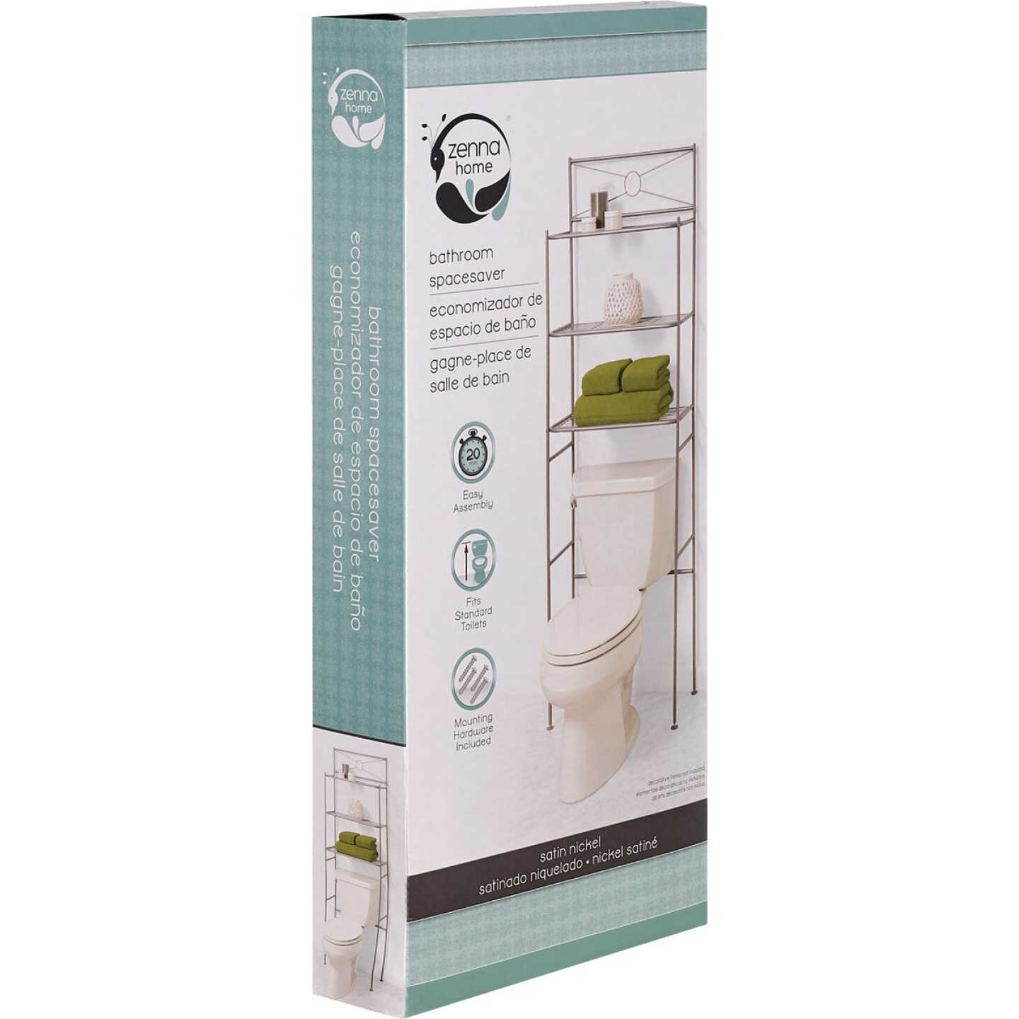 Zenith Zenna Home Spacesaver Satin Nickel Over-the-Toilet Shelf Cabinet, 3 Shelf Image 4