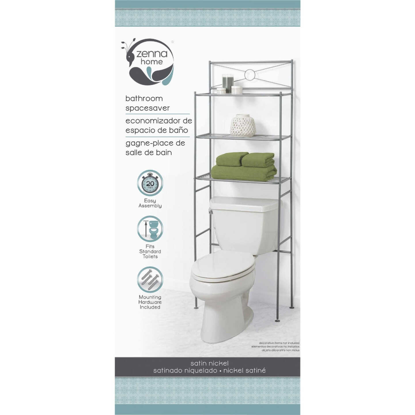 Zenith Zenna Home Spacesaver Satin Nickel Over-the-Toilet Shelf Cabinet, 3 Shelf Image 3