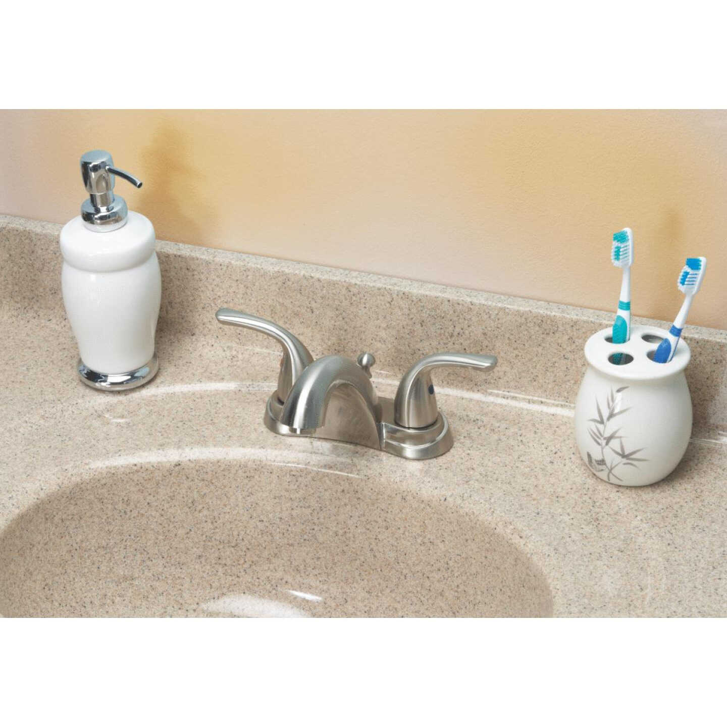 Home Impressions 4 In. Centerset 2-Handle Brushed Nickel Bathroom Faucet With Pop-Up Image 2