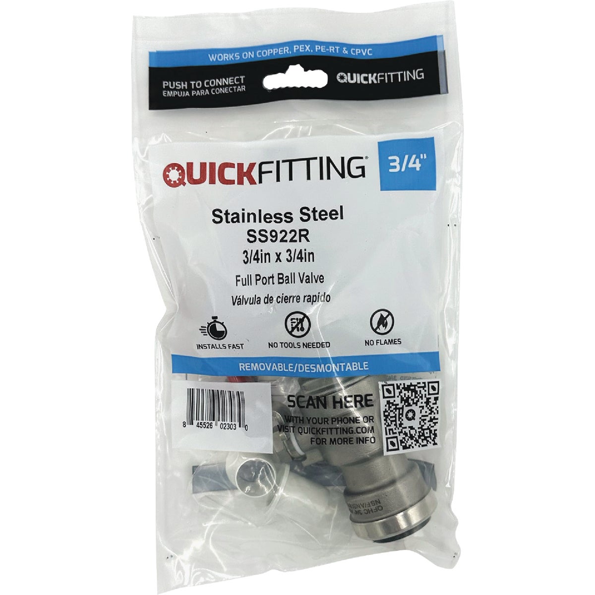 QuickFitting 3/4 In. Push-to-Connect Stainless Steel Full Port Ball Valve Image 2