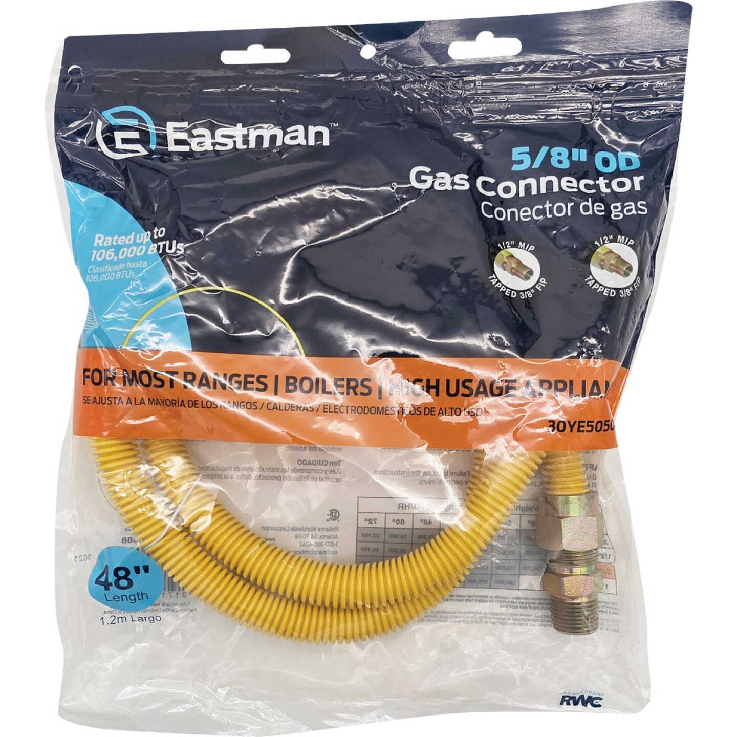 Eastman 5/8 In. OD x 48 In. 1/2 In. MIP (Tapped 3/8 In. FIP) x 1/2 In. MIP (Tapped 3/8 In. FIP) Coated Stainless Steel Gas Connector Image 2