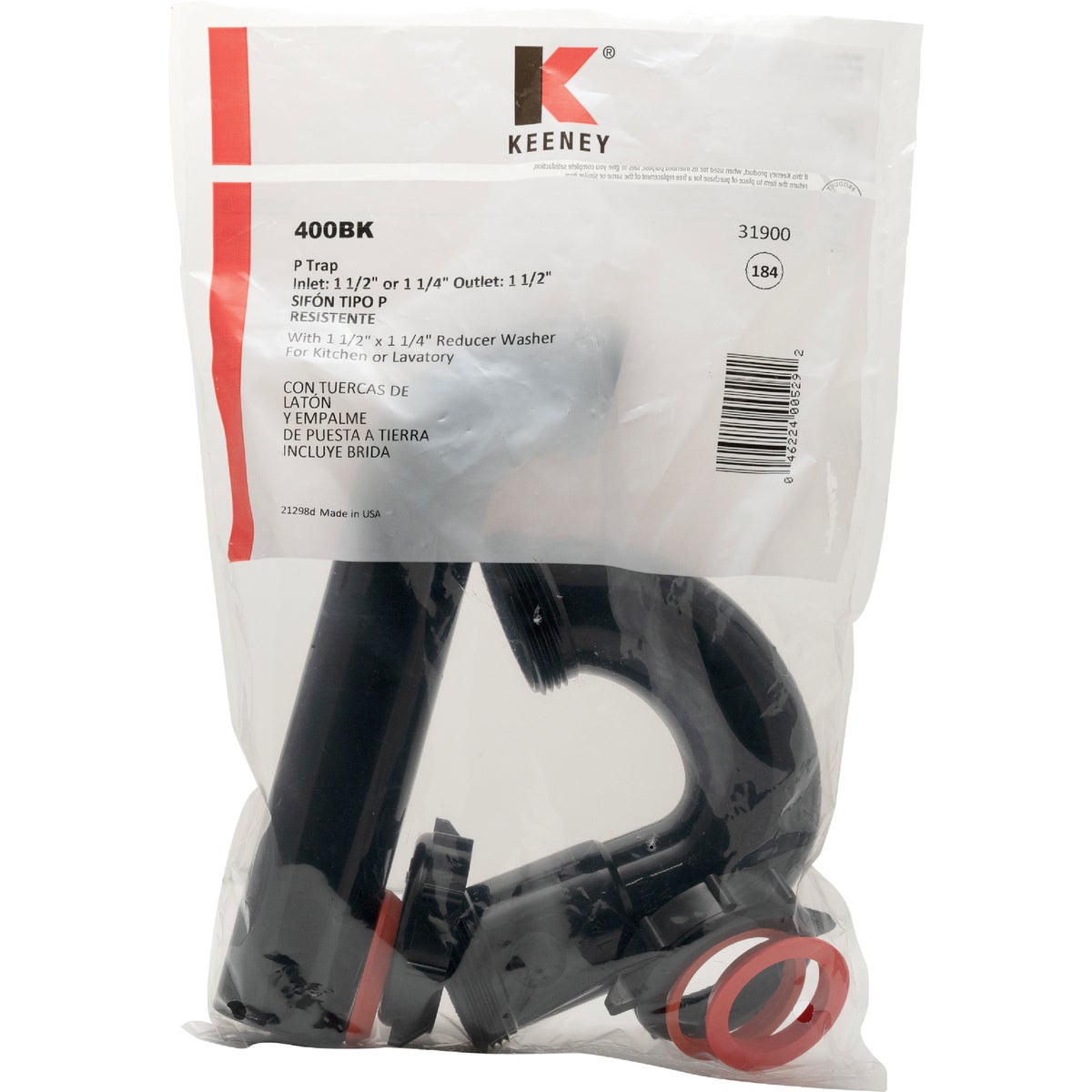 Keeney 1-1/2 In. to 1-1/4 In. Black Plastic P-Trap with Reducer Washer Image 3