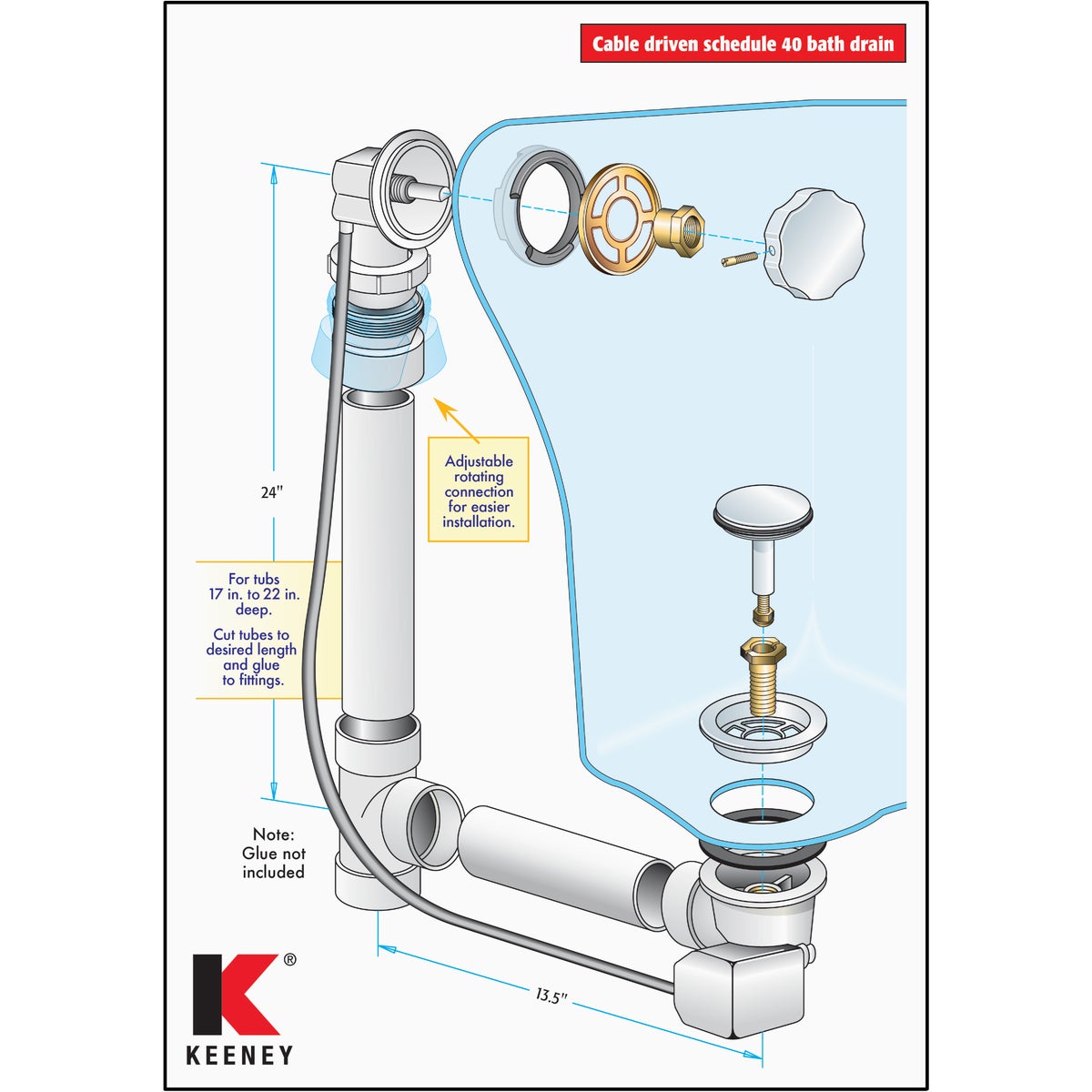 Keeney Schedule 40 PVC Cable Drive Bath Drain with Polished Chrome Trim Image 3