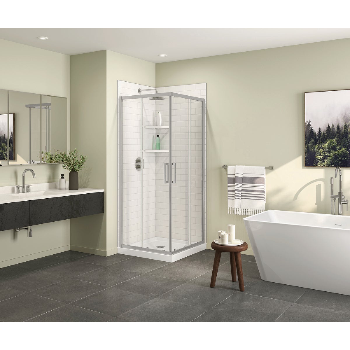 Maax Scarlet 32 In. L x 32 In. D x 78-3/4 In. H Acrylic Center Drain Corner Shower Kit in White with Clear Glass in Chrome Image 2