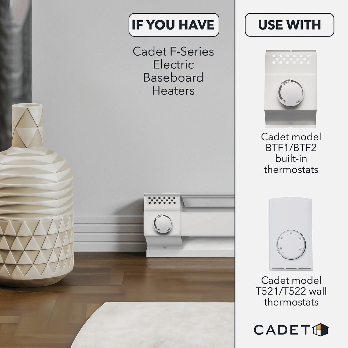 Cadet BTF Built-In Single Pole Thermostat for Electric Baseboard Heaters, White Image 2