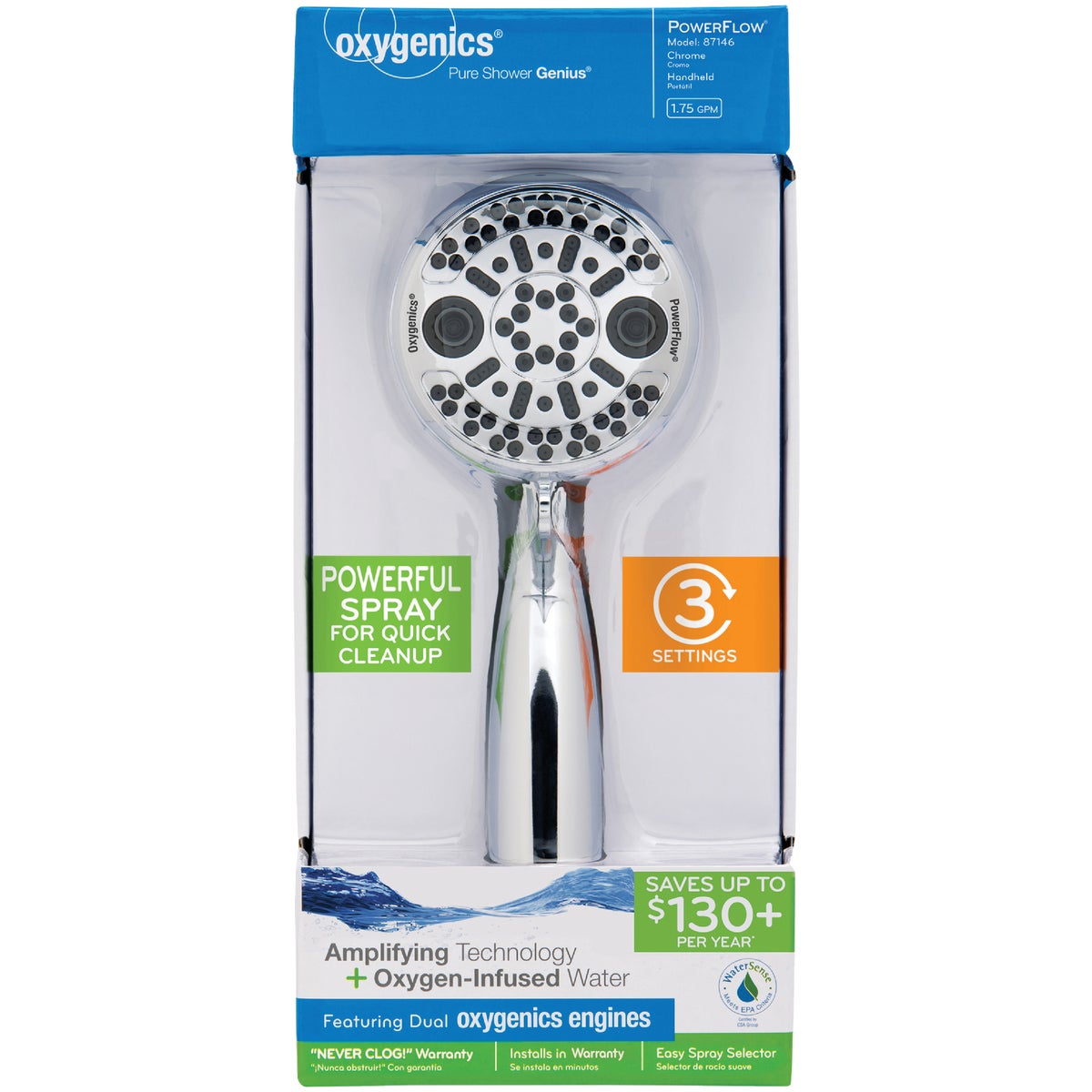 Oxygenics PowerFlow 3-Spray 1.75 GPM Handheld Shower Head, Chrome Image 2