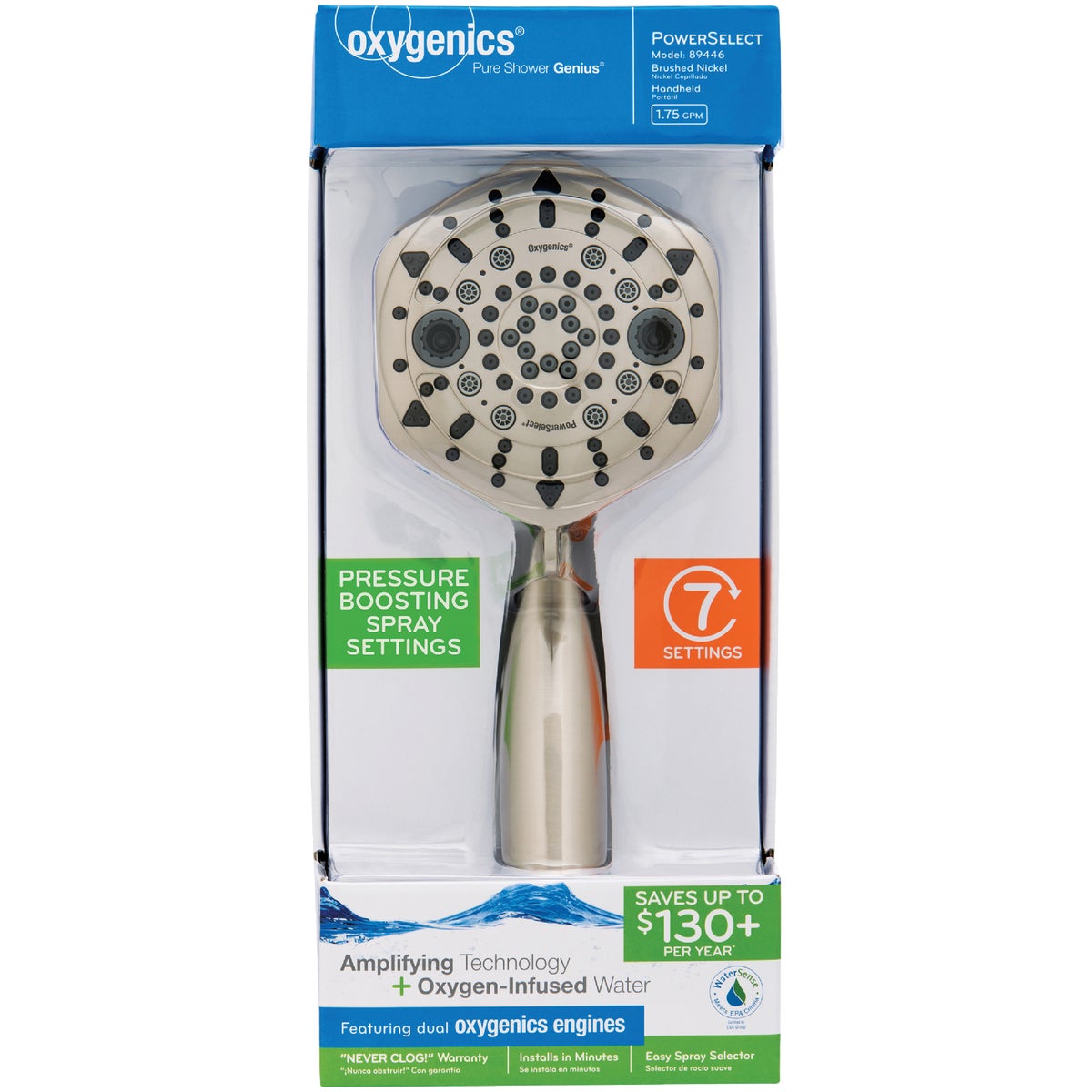Oxygenics PowerSelect 7-Spray 1.75 GPM Handheld Shower Head, Brushed Nickel Image 2