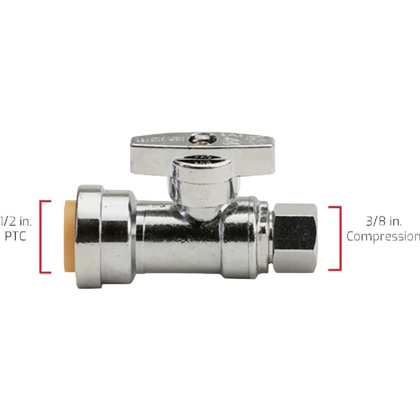 QuickFitting 1/2 In. Push-to-Connect x 3/8 In. O.D. Compression Chrome Plated Brass Quarter-Turn Straight Stop Valve Image 4