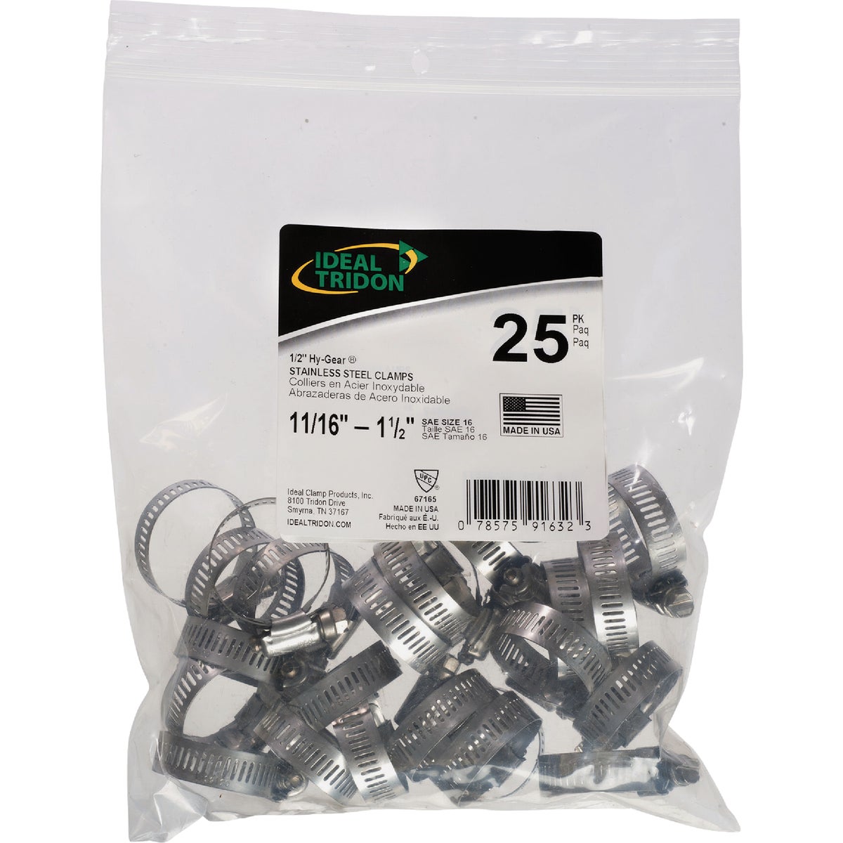 Ideal HY-GEAR 11/16 In. To 1-1/2 In. Stainless Steel Worm Gear Hose Clamps (25-Piece)
