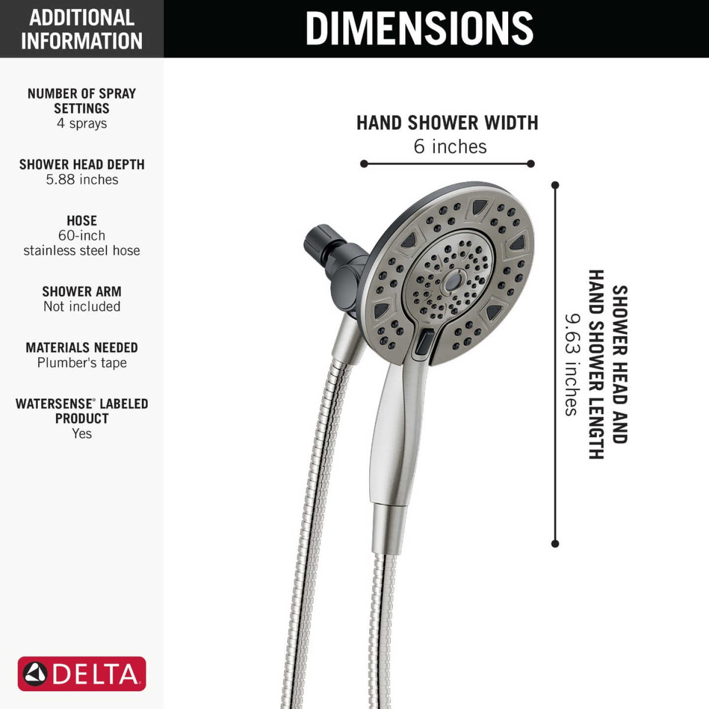 Delta In2ition 4-Spray 1.75GPM Two-In-One Shower Head, Brushed Nickel Image 6