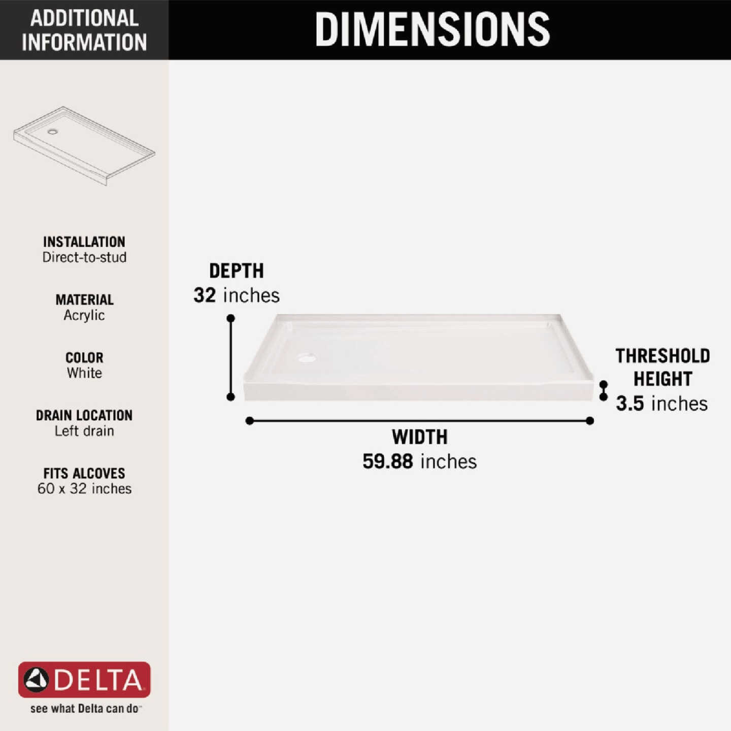 Delta Classic 500 60 In. x 32 In. Left Drain Shower Pan, White Image 2