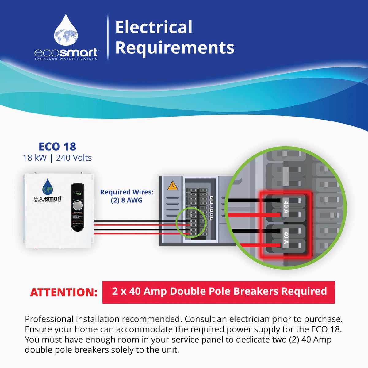 EcoSMART 240V Single Phase 18kW Tankless Electric Water Heater Image 5