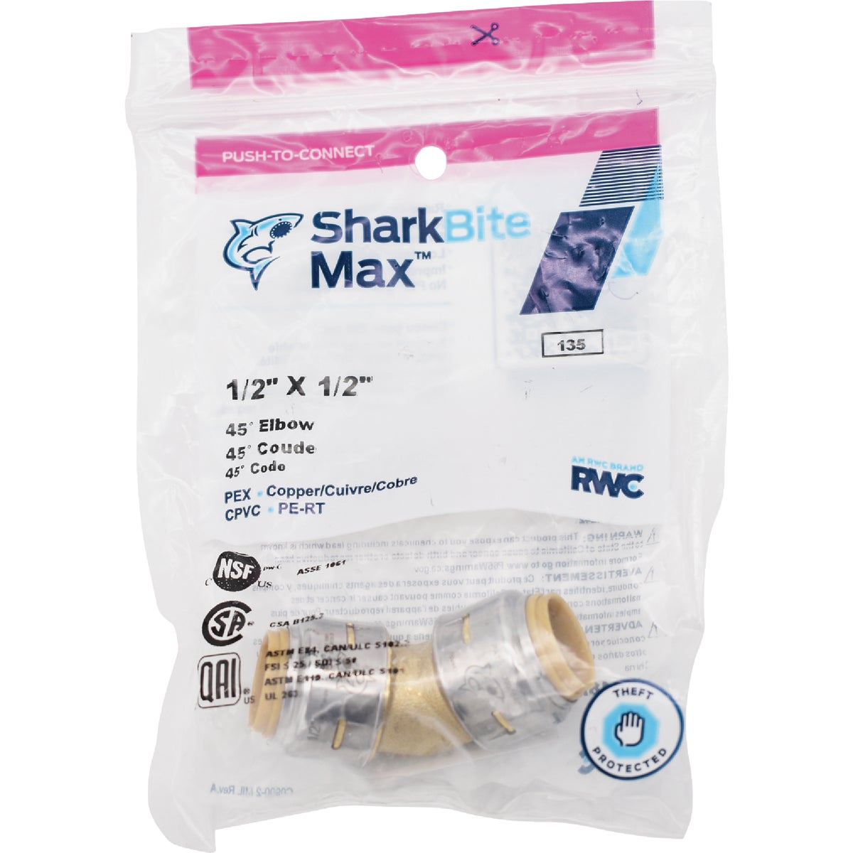SharkBite 1/2 In. x 1/2 In. 45 Deg. Push-to-Connect Brass Elbow (1/8 Bend) Image 3
