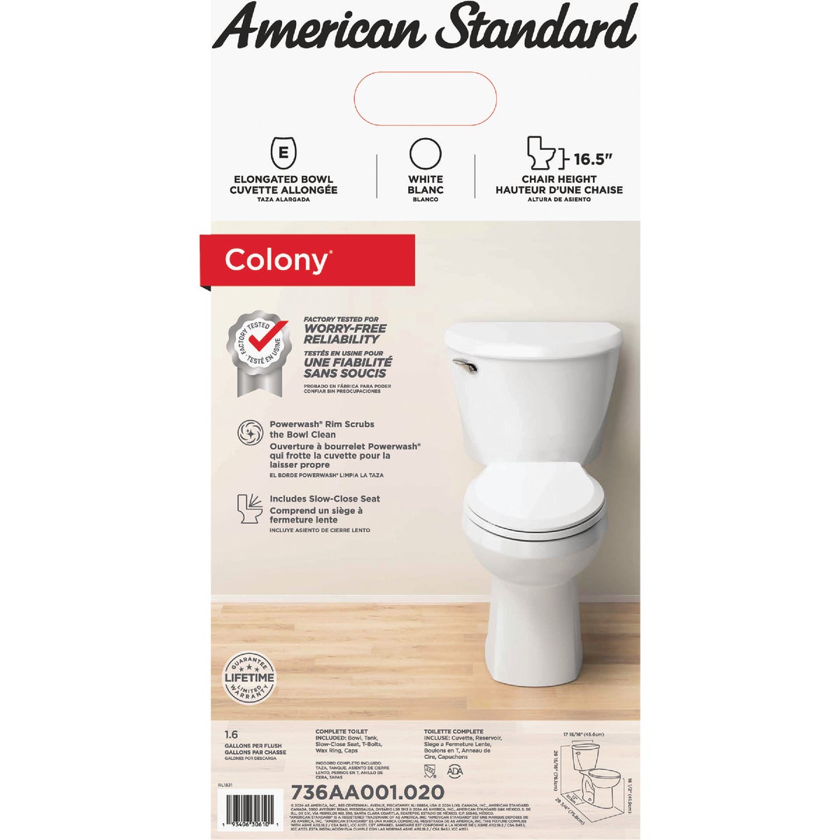 American Standard Colony3 Chair Height White Elongated Bowl 1.6 GPF Toilet Image 3