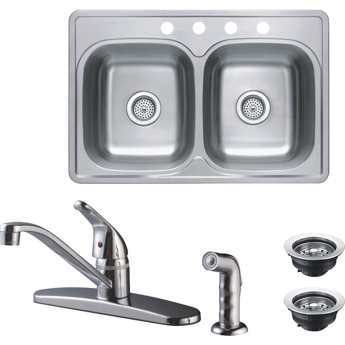 Compass Manufacturing Double Bowl 33 In. x 22 In. x 8 In. Sink Kit with 1-Handle Faucet