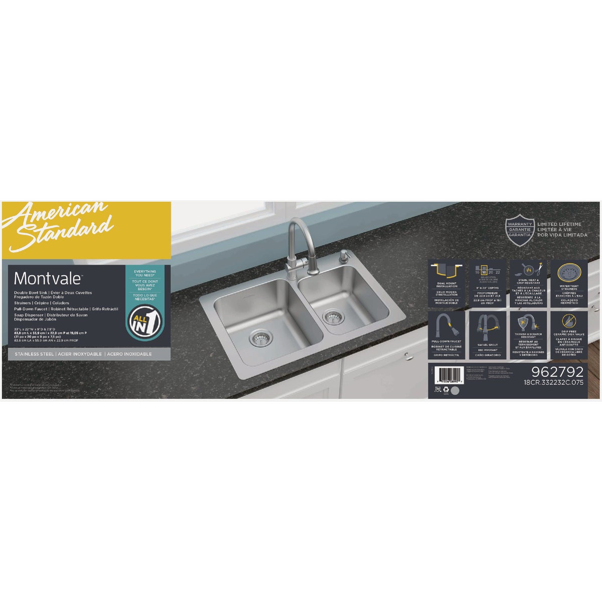 American Standard Montvale 33 In. x 22 In. Stainless Steel Kitchen Sink Kit with Faucet Image 2