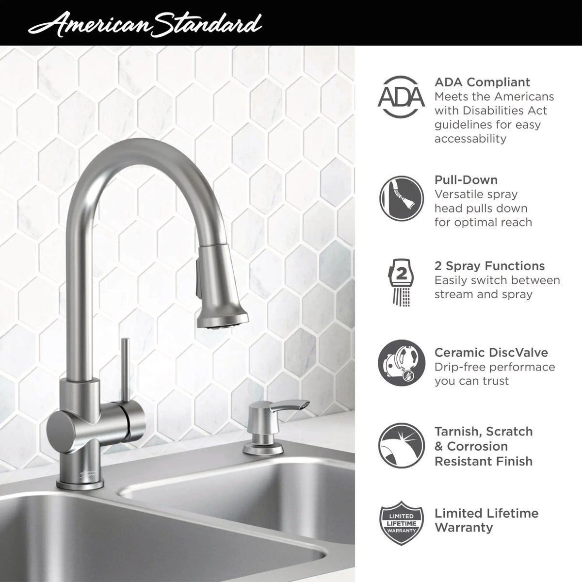 American Standard Montvale 33 In. x 22 In. Stainless Steel Kitchen Sink Kit with Faucet Image 5