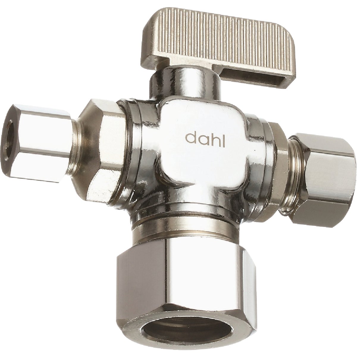 dahl 5/8 In. OD Comp (1/2 In. Nom.) x 3/8 In. OD Comp x 1/4 In. OD Comp Angle Plated Dual Outlet Supply Stop