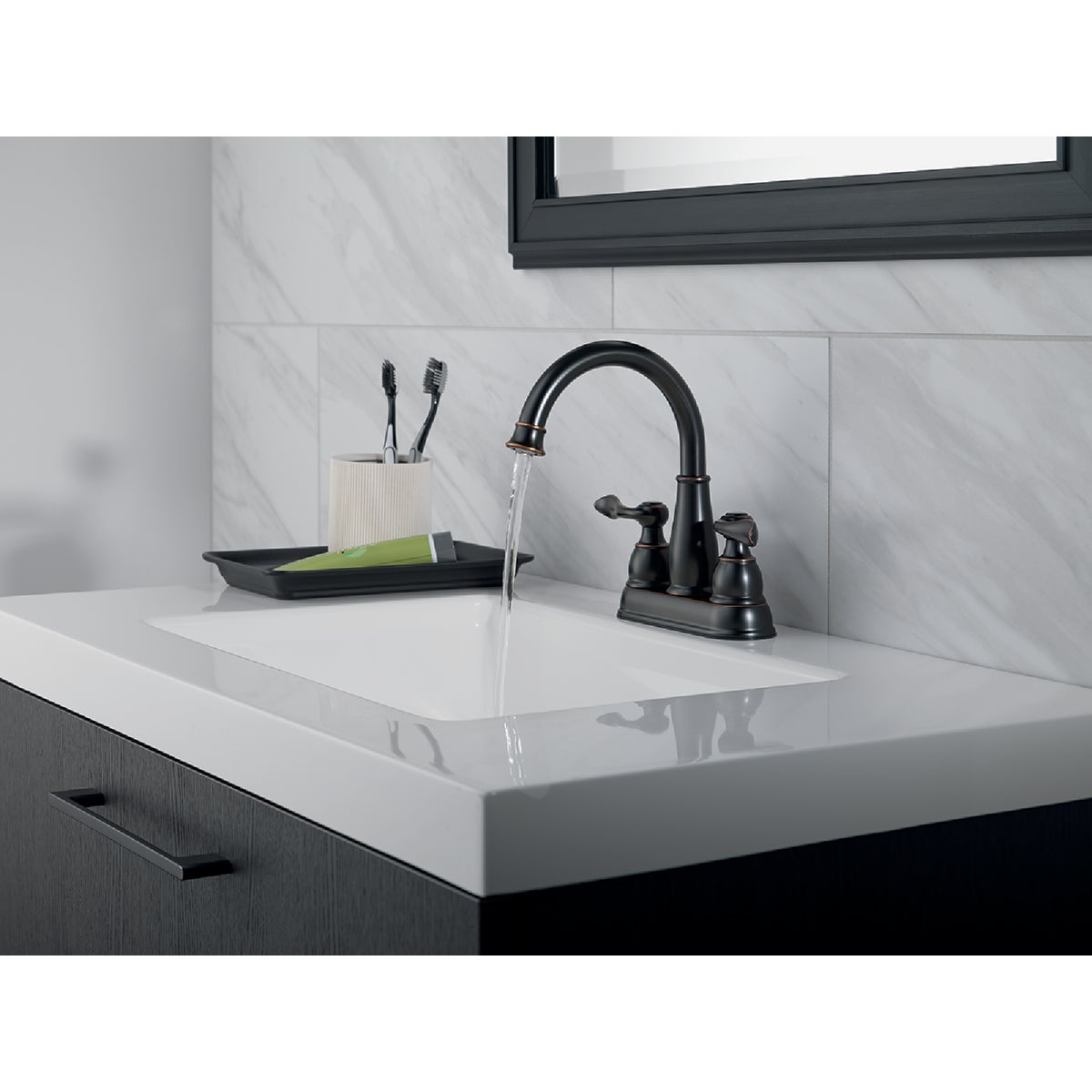 Delta Windmere Oil Rubbed Bronze 2-Handle Lever 4 In. Centerset Bathroom Faucet and Push Pop-Up with Overflow Image 2