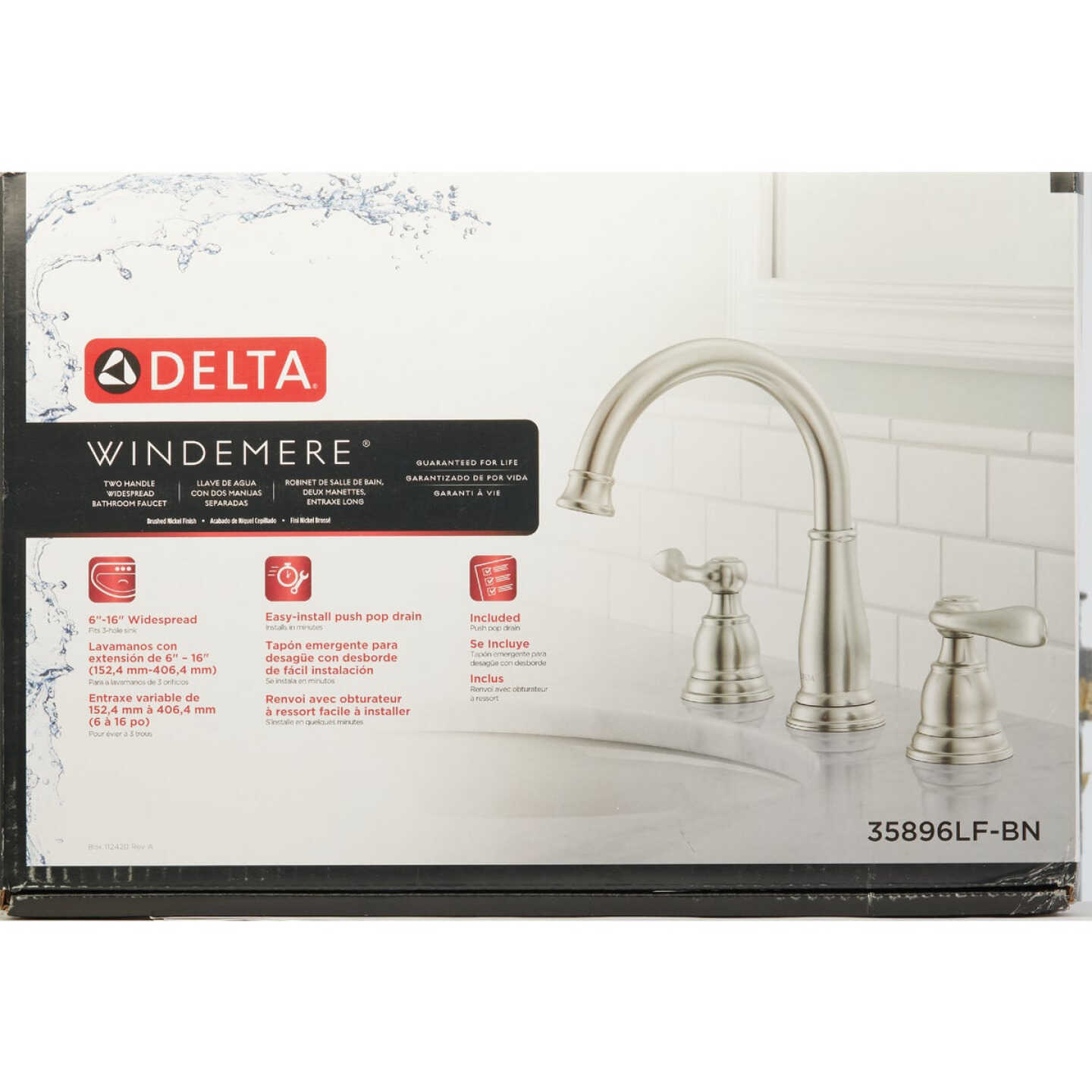 Delta Windmere Brushed Nickel 2-Handle Lever 6 In. to 16 In. Widespread Bathroom Faucet and Push Pop-Up with Overflow Image 3