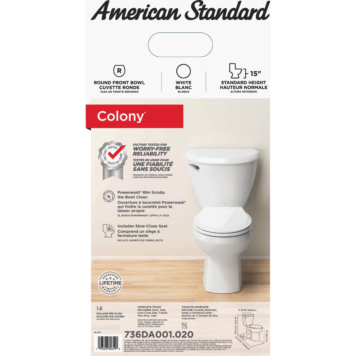 American Standard Colony3 White Round Bowl 1.6 GPF Complete Toilet Image 3