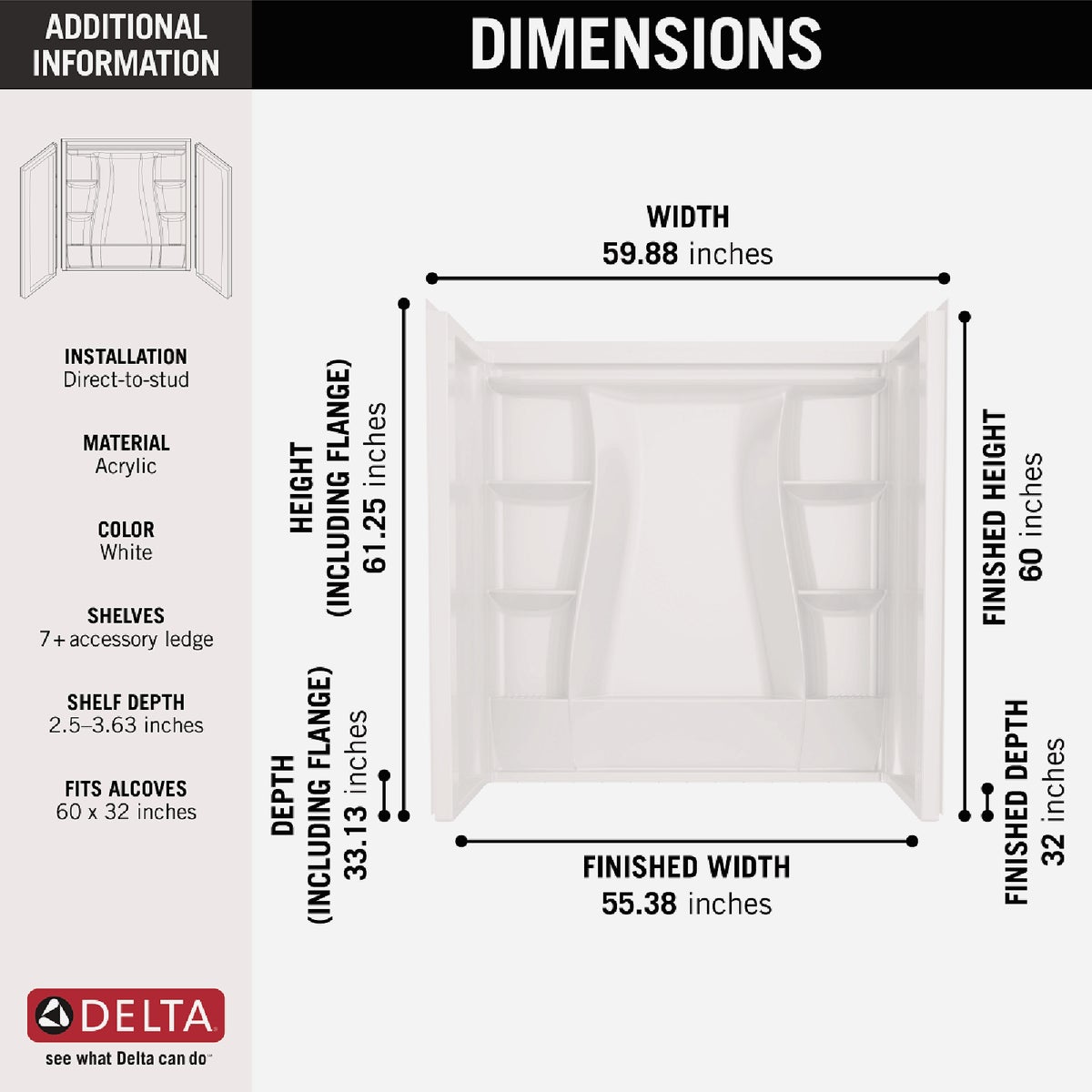 Delta Classic 500 60 In. L x 32 In. W x 61-1/4 In. H Alcove Tub Surround Kit, White (3-Piece) Image 3