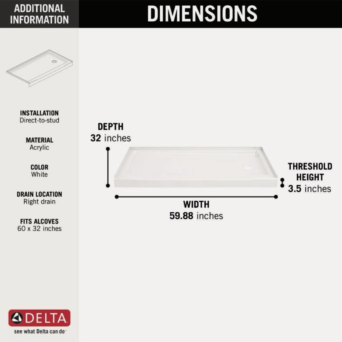 Delta Classic 500 60 In. x 32 In. Right Drain Shower Pan, White Image 4