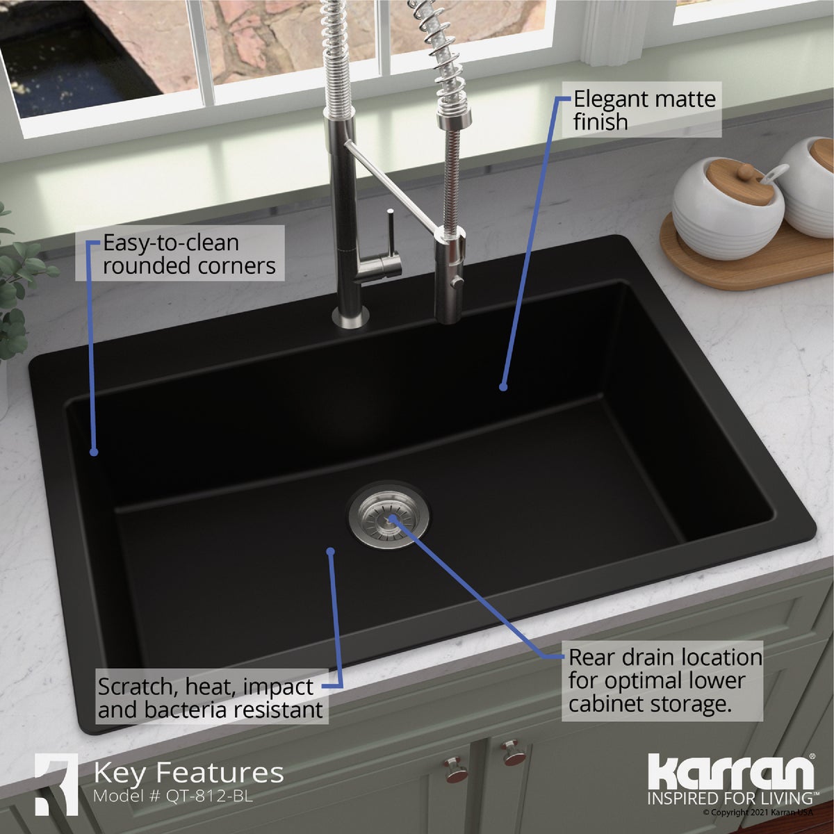 Karran 33 In. x 22 In. Black Quartz Drop-In Single Bowl Kitchen Sink Image 3